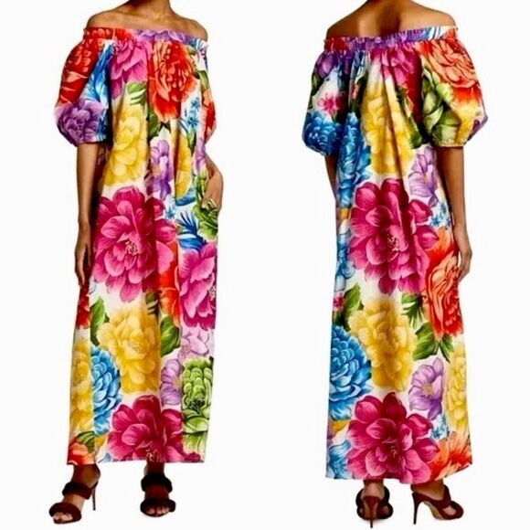 FARM Rio Dresses & Skirts - NEW FARM Rio Rainbow Chita Off Shoulder Maxi Dress Puff Sleeve Pink Floral L/XL